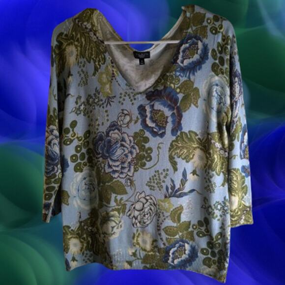Talbots Medium Petite 3/4 sleeve blue & green silk cotton blend knit womans top - Picture 1 of 1